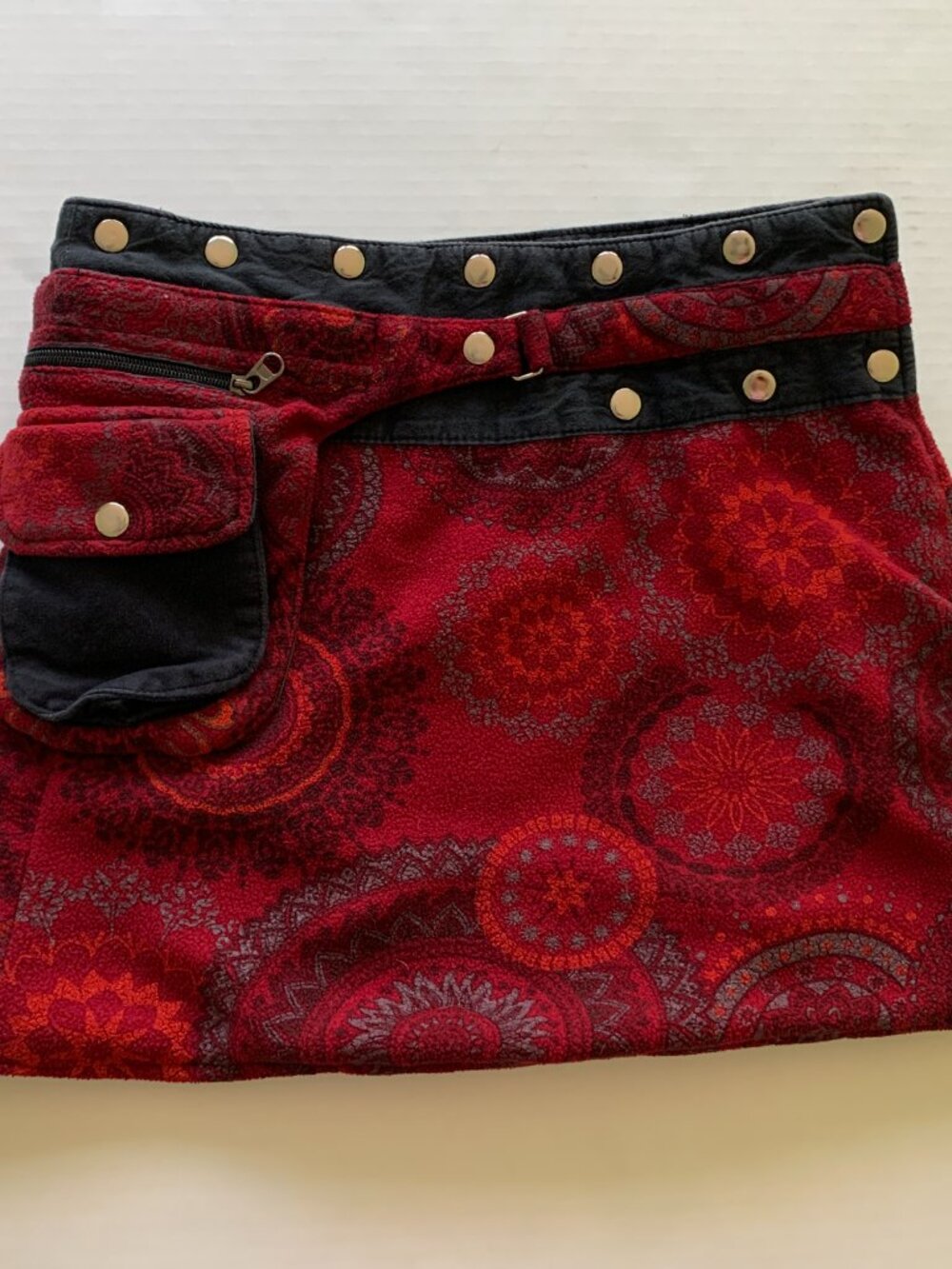 Hippie A-Line Mandala Mini Side Slit Snap Skirt Attached Pouch Pocket ~ M adj